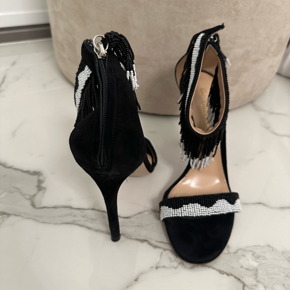 Gianvito Rossi Black and White beaded fringe ankle cuff sandals